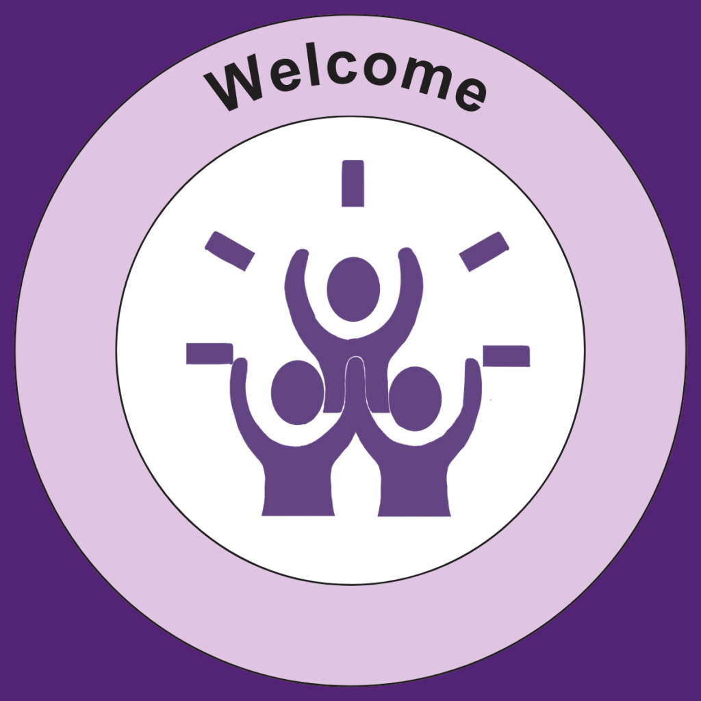 Our logo illustration. A purple circle with three shadow images of three people with their arms raised and celebrating. A light purple circle surrounds them and contains the text: Welcome.