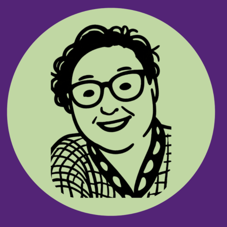 An illustration of Julie. Black and white drawing, shoulder portrait. Julie is smiling at you. Has short cropped hair, wears glasses and is wearing a checked outfit.