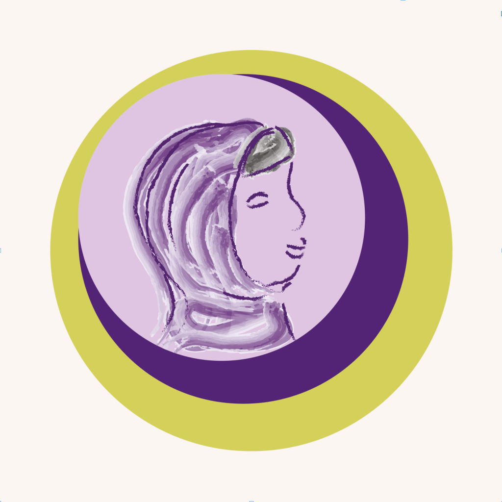 A hand drawn style illustration of Raisa in purple tones, on lime green and dark purple circles.