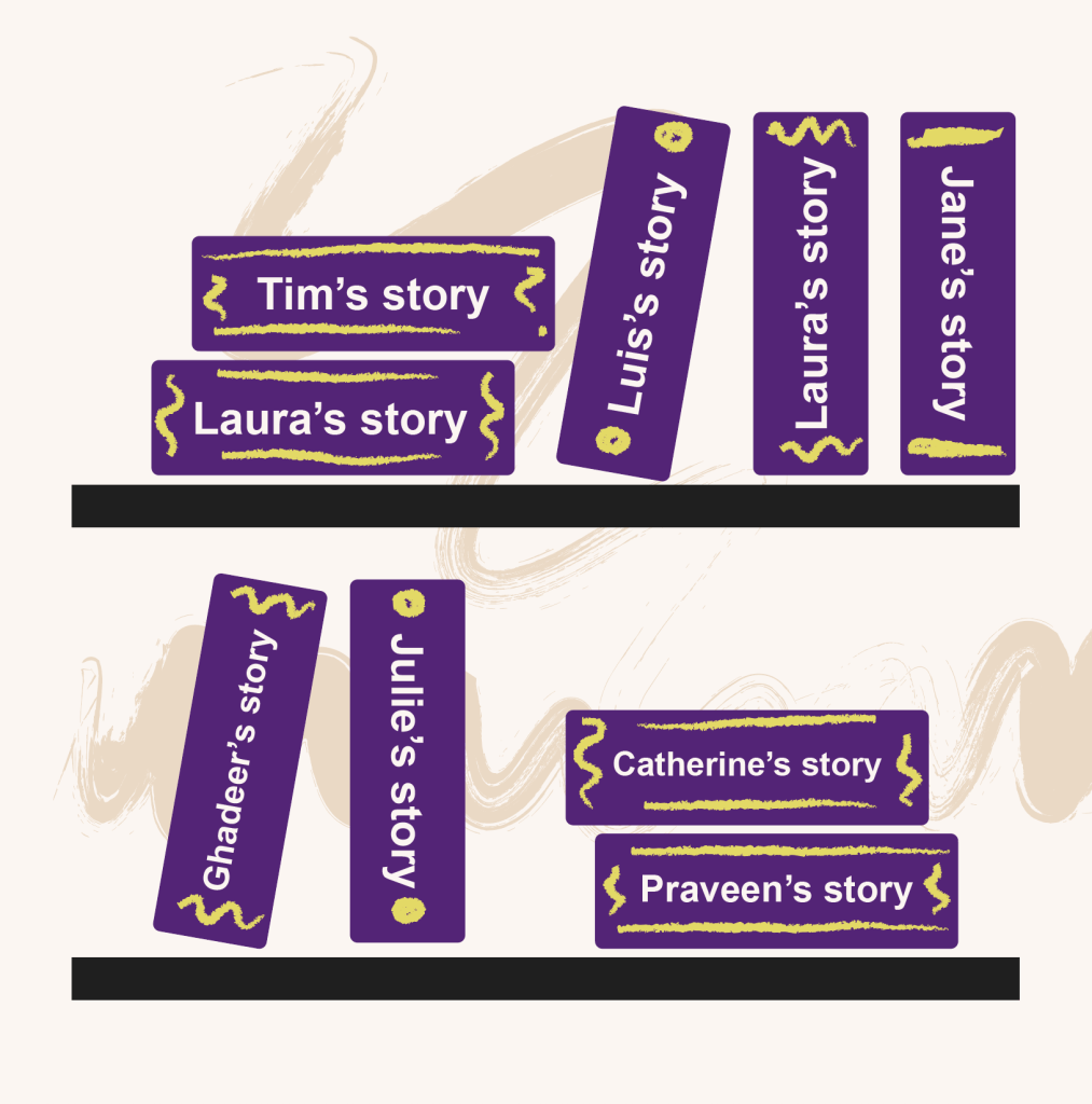 A hand drawn style illustration of books on shelves, with story titles on the spines, such as Tim's story. 