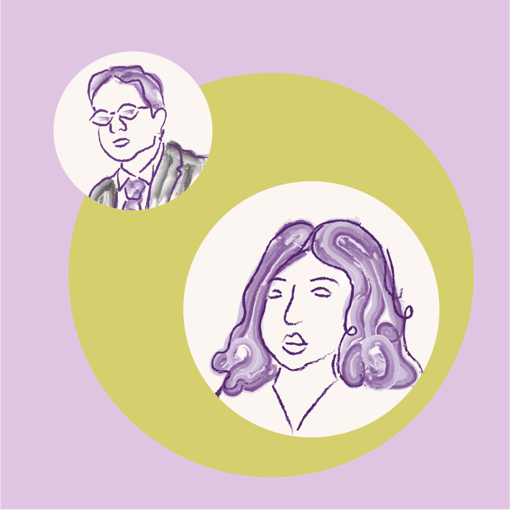 Hand drawn style illustrations of Karen and Kim, in purple tones, on a lime circle background.